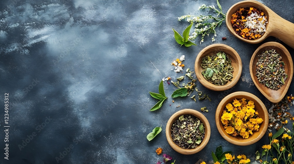 Poster Rustic Culinary Background with Assorted Herbal Spices on Dark Stone Surface : Generative AI