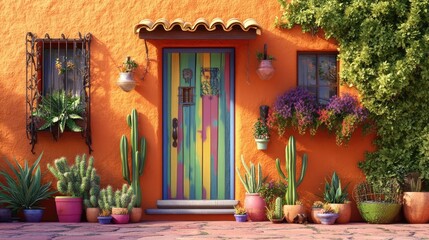 casa mexicana generada con inteligencia artificial en colores muy llamativos con cactus y plantas, macetas mexicanas y puerta multicolores, estilo campestre