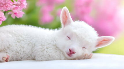 Sleeping lamb, pink flowers, spring, garden, Easter card