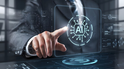 Businessman using smartphone to connect with digital social network and virtual technology interface