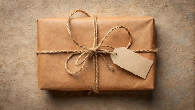 A rustic brown package wrapped in kraft paper with a twine bow and a blank label.