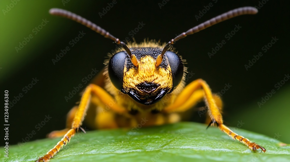 Poster Close Up of Wasp Displaying Intricate Body Patterns on Green Leaf : Generative AI