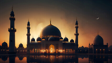 Naklejka premium Ramadan Tranquility: A Grand Mosque with Golden Domes and Minarets