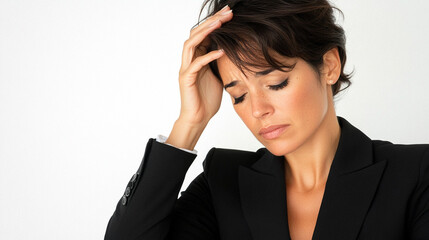 headache and problems at work, businesswoman holding her head