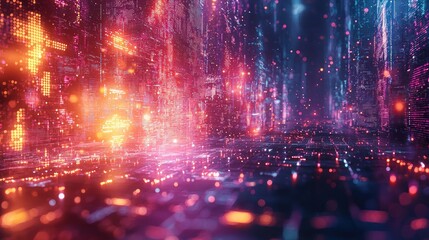 Futuristic Digital Cityscape Illuminated By Vivid Lights