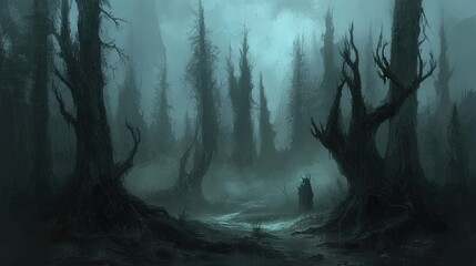 Fototapeta premium Dark Figure Stands in a Gloomy Twisted Forest