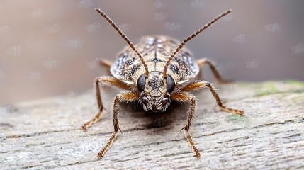 Fototapeta premium Detailed CloseUp of a Brown Beetle on a Textured Wooden Surface Outdoors : Generative AI
