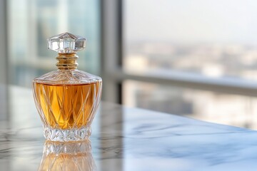 Perfume bottle on marble, city view.
