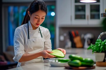 Culinary creativity in a modern kitchen with fresh cucumbers and a dedicated chef