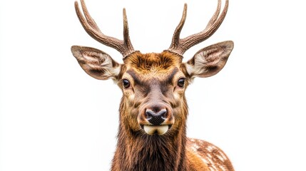 Majestic Close-Up of a Male Deer with Antlers Against White Background