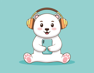 A cute panda cartoon listening music with blue background.