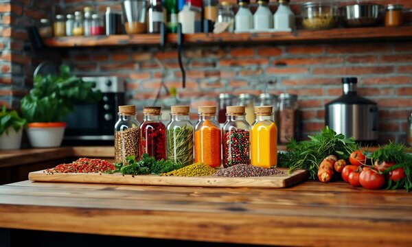 Colorful spices and ingredients arranged beautifully in a rustic kitchen setup