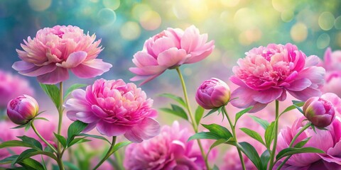 Fototapeta premium Delicate pink peonies bloom in soft light, their petals unfurling gracefully amidst a backdrop of blurred green foliage and shimmering bokeh.
