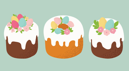 Easter cakes with cream and sprinkles. Easter treats and chocolate bunnies. Festive vector illustration set of Easter cakes and eggs.