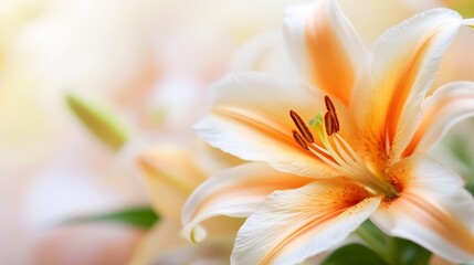 Fototapeta premium Elegant Orange and White Lily in Full Bloom Amidst Soft Pastel Background : Generative AI