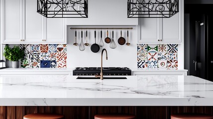 Modern kitchen with colorful tiled backsplash, elegant fixtures, and minimalistic decor