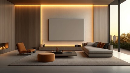 Fototapeta premium Cozy and Luxurious Living Room with Blank Wall for Mockup Space - Perfect for Apartment Design and Lifestyle Inspiration