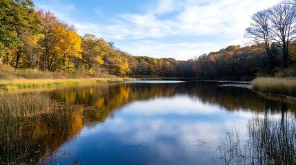 Scenic Tranquil Lake View Surrounded by Autumn Forest Reflection : Generative AI