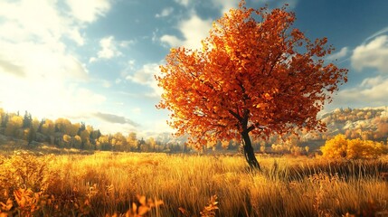 Vibrant Autumn Tree in Golden Meadow Under Blue Skies Capturing Seasonal Beauty : Generative AI