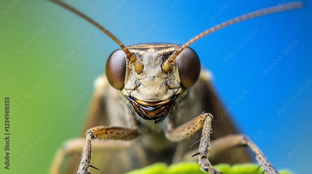 Poster macro photography of mantis highlighting facial features and natural texture : generative ai