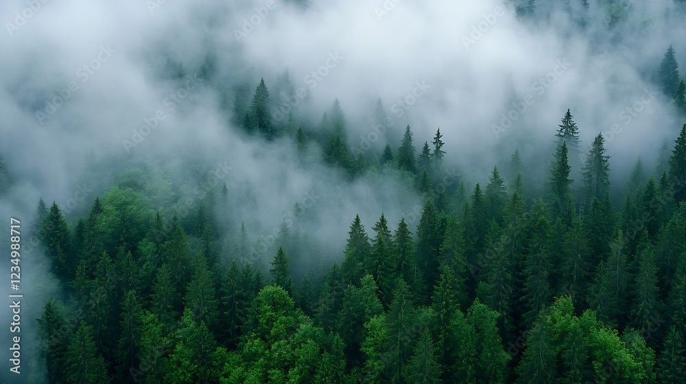 Poster misty pine tree forest overview with lush greenery and dense fog covering the landscape : generative