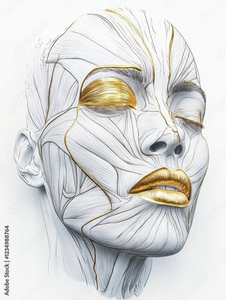 Poster facial muscle anatomy illustration highlighting contours and features of the face with detailed patt