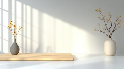 Minimalist White Living Room with Mockup Space on Wooden Tabletop - Modern and Stylish Background for Stock Photo