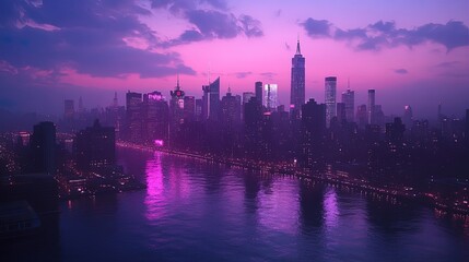 Cityscape dusk with illuminated skyline and iconic skyscrapers, modern and energetic  
