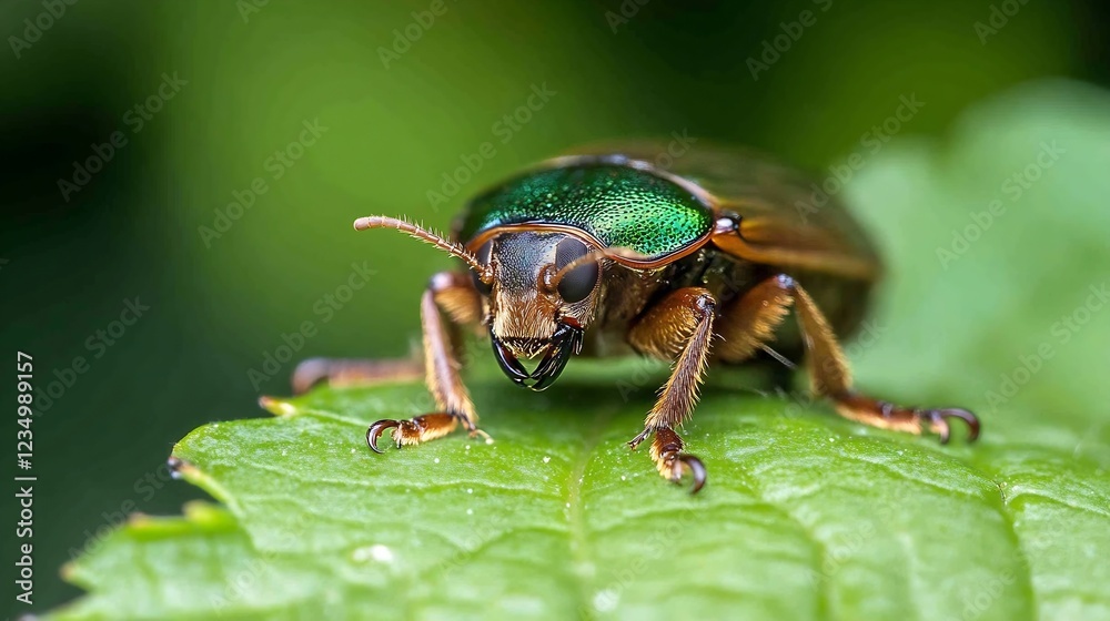 Poster green beetle on leaf with shiny exoskeleton in garden : generative ai