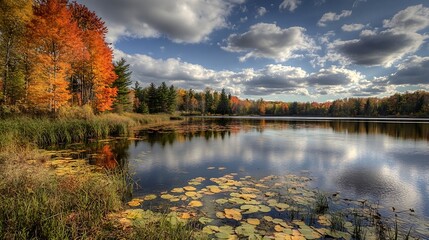 Fototapeta premium Tranquil Lake View Surrounded by Autumn Trees and Reflective Waters : Generative AI