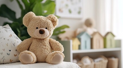 Cozy Teddy Bear in Serene Nursery Setting with Natural Light and Green Plant Decor : Generative AI