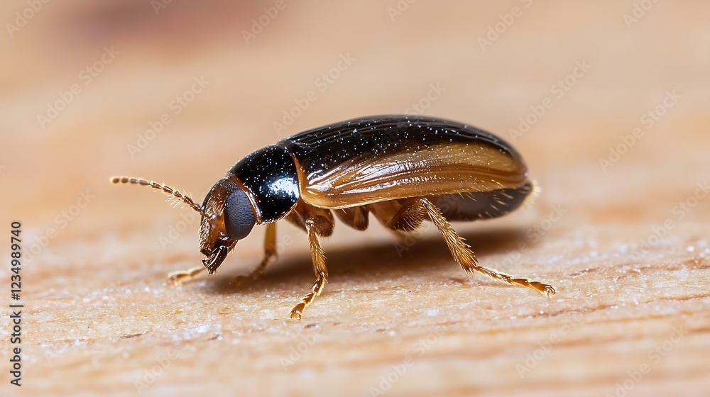 Poster single beetle walking on wooden surface captured in highresolution macro photography : generative ai