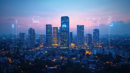 Fototapeta premium Business district with 5G network lines connecting skyscrapers, representing fast wireless connectivity 