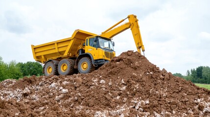 Excavator loading dump truck, earthworks, construction site, rural landscape, industrial project