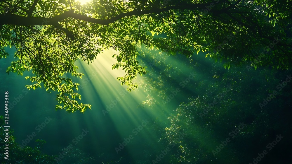 Poster Sunlight Filtering Through Dense Forest Canopy Creating a Natural Light Show : Generative AI