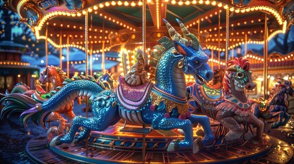 A vibrant carousel featuring colorful horses and mythical creatures in a festive setting.