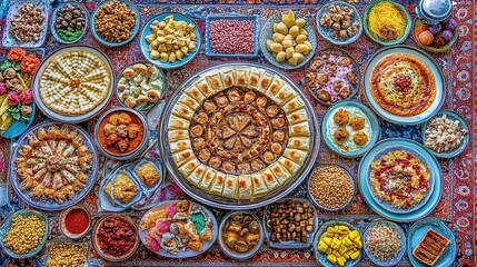 Festive Central Asian food spread on carpet