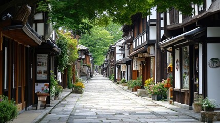 Obraz premium Charming street lined with timber-framed buildings.