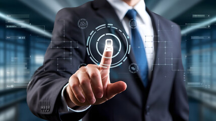 Businessman using smartphone to connect with digital social network and virtual technology interface