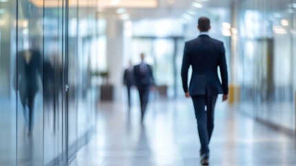 Business Professional Walking in Modern Office Hallway with Glass Walls and Reflections : Generative AI