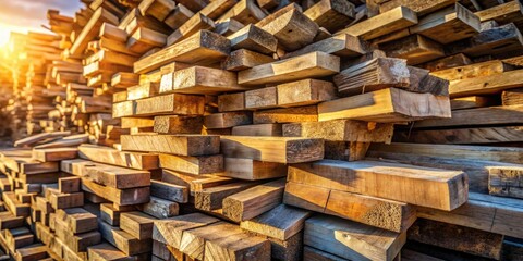 Fototapeta premium A symmetrical stack of neatly arranged wooden planks, bathed in warm sunlight, showcasing the natural beauty and intricate grain patterns of the timber.