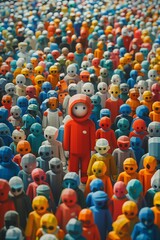 Obraz premium A vibrant crowd of colorful figures with a focus on a distinct character in red.