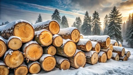 A Stack of Logs Covered in Snow with a Forest Background and a Sunlit Sky