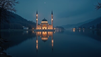Naklejka premium Illuminated Mosque Reflecting on a Still Lake Under Soft Starlight, Night of Bara’at