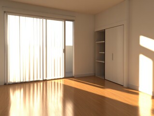 A rendered image of an empty living room with wooden flooring, a sliding door, and sunlight streaming through blinds, casting shadows on the floor.