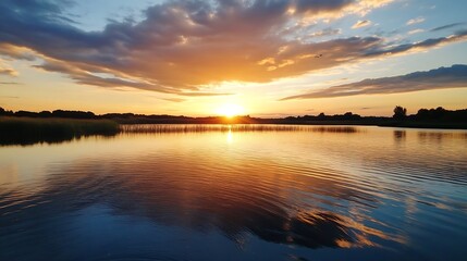 Obraz premium Stunning Sunrise Over Peaceful Lake with Reflective Water Surface : Generative AI