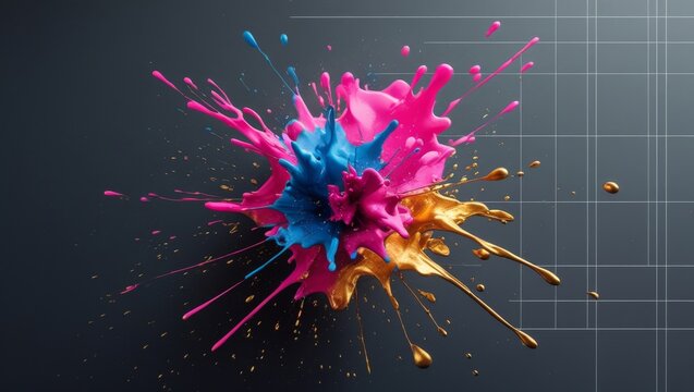 A vibrant abstract explosion of watercolor splashes in neon pink, cobalt, and gold on a charcoal background. A dynamic and artistic effect, perfect for modern designs and backgrounds.