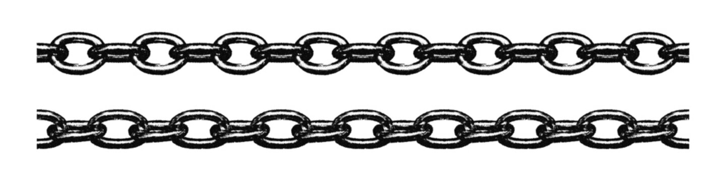 Distressed metal chains set with retro photocopy effect. Black monochrome design elements with grainy stippling texture. Trendy grunge vector illustration isolated on transparent background