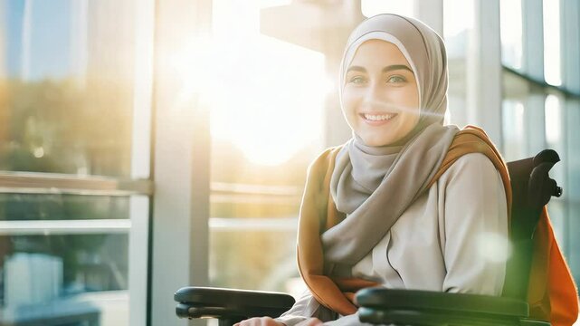 Contented beautiful young Muslim girl disabled student sitting in wheelchair and looking at camera in modern hall of educational institution with big windows. Academic cooperation in university enviro