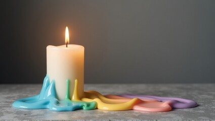 LGBTQ+ unity concept. Single ivory candle with six melting colored wax layers (soft pink, blue, peach, yellow, green, purple) on a stone table.
